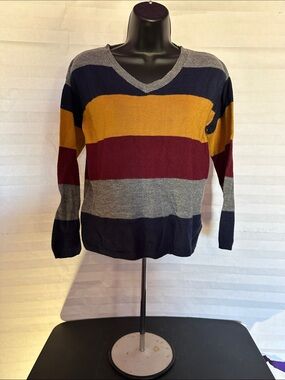 IJoah Women's Striped V-Neck Sweater Cozy Knit Pullover